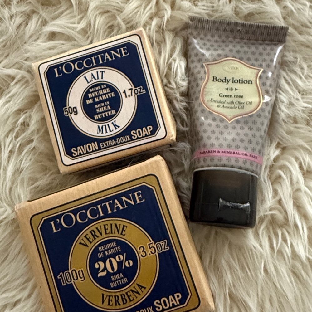 L’occitane and Sabon LOT of 3 Verbina, milk soap, and green rose body lotion